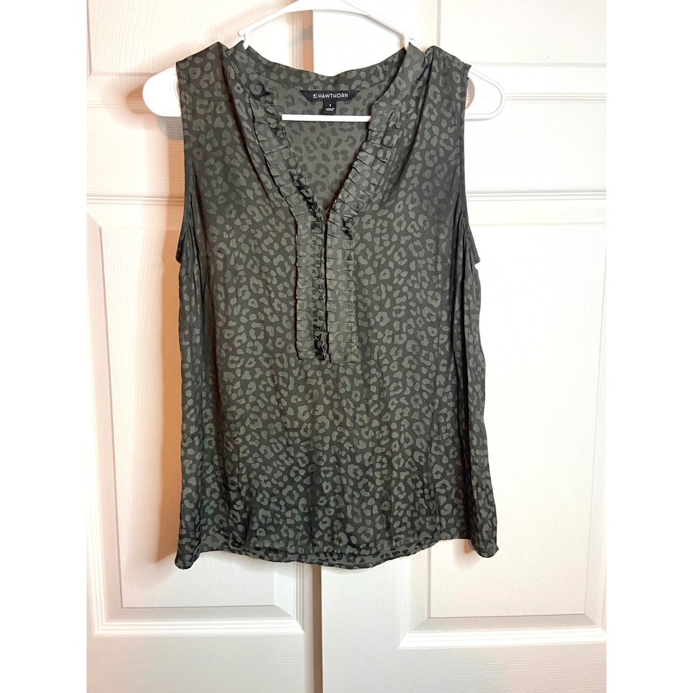 41 Hawthorn Gray Leopard Blouse V Neck Ruffle Trim Sleeveless Office Top